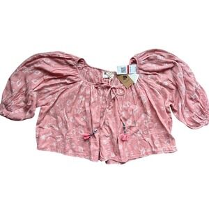 Kopal‎ Top Peasant Blouse Floral Coquette Tassel Tie Pink Ditsy XS Hippie